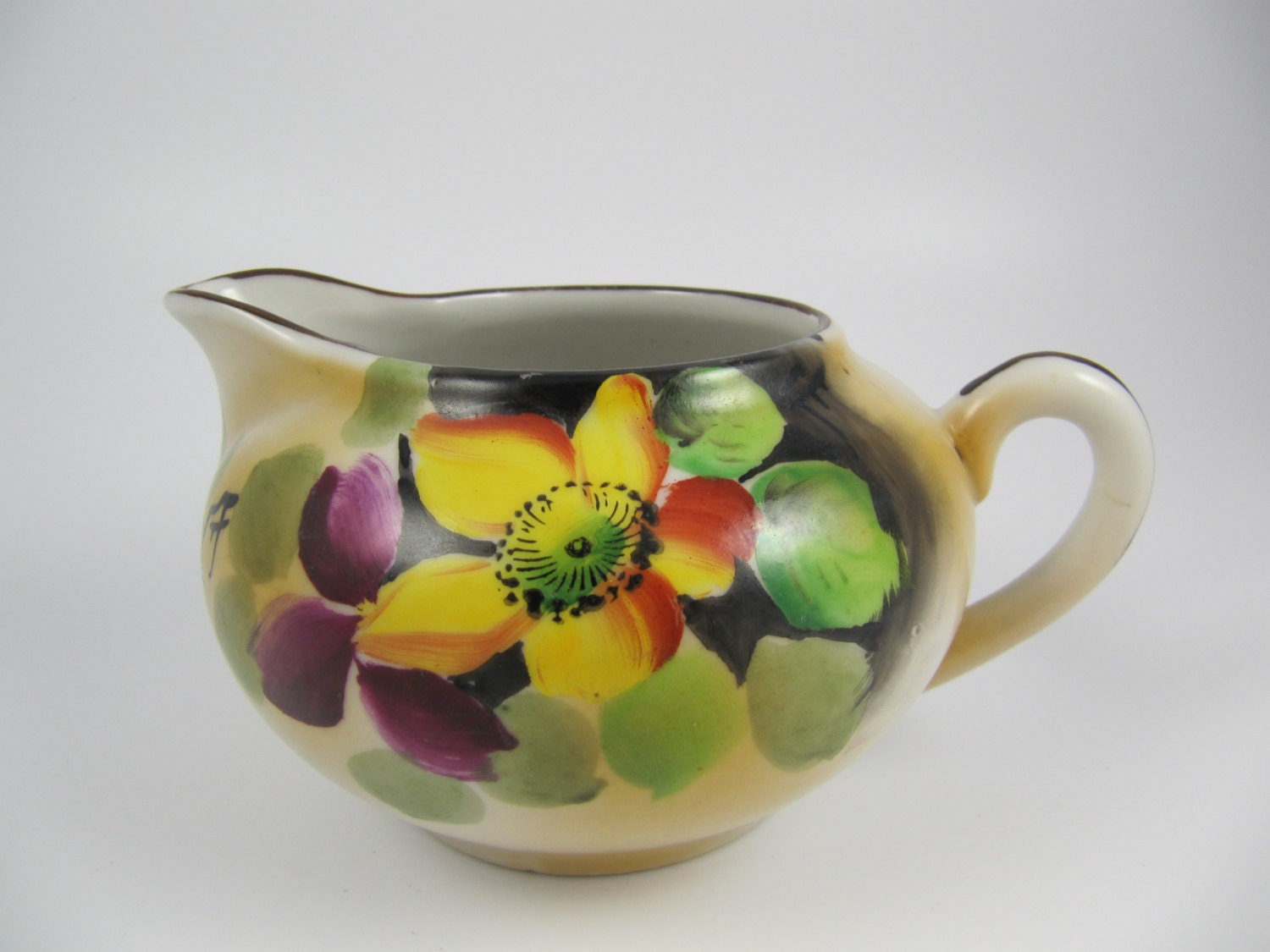 Vintage Porcelain Creamer with Flowers Made in Japan, Yellow Purple