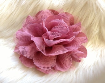 2pcs New Large Shabby Chic Frayed Wrinkled Cotton Voile and Tulle Rose Fabric Flower - Dark Mauve / Vintage Pink