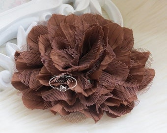 1 pc New Large Shabby Chic Frayed Wrinkled Cotton Voile and Tulle Rose Fabric Flower - Chocolate BROWN