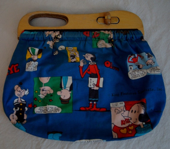 Vintage Wooden Handle Fabric Purse POPEYE OLIVE  and WIMPY Comic Strip Novelty Print