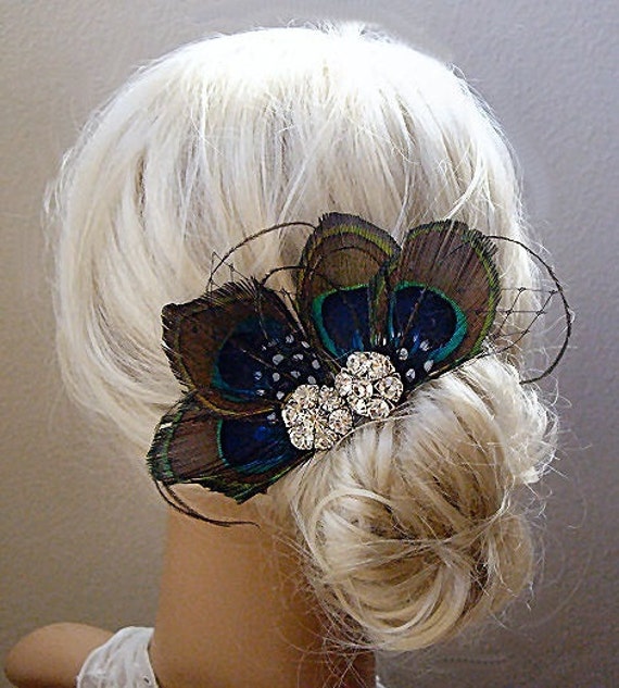 Bridal Peacock Feather & Rhinesone Hair Comb by flowersNstuffs