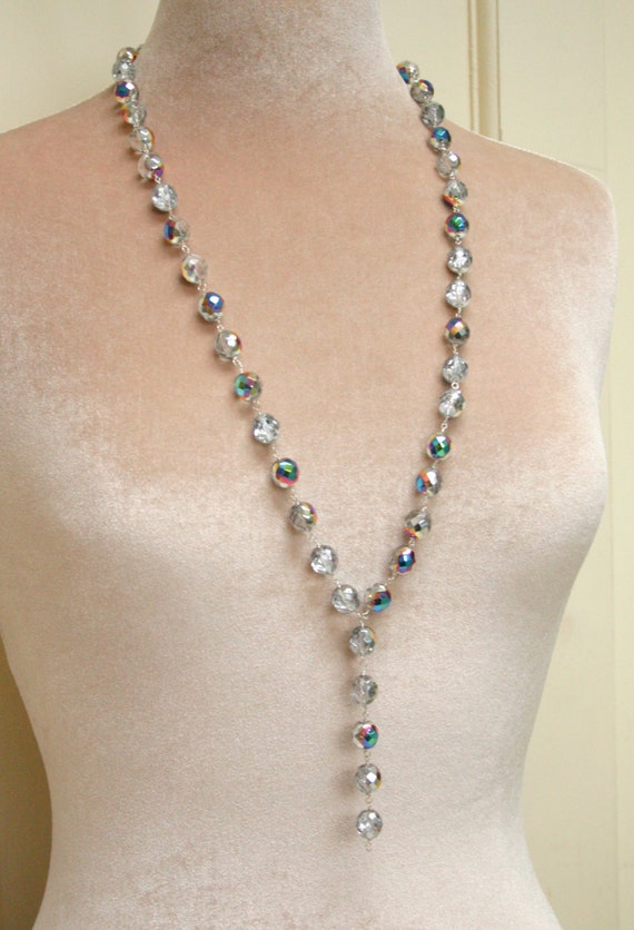 Items similar to Long silver necklace, y drop necklace, gray necklace ...