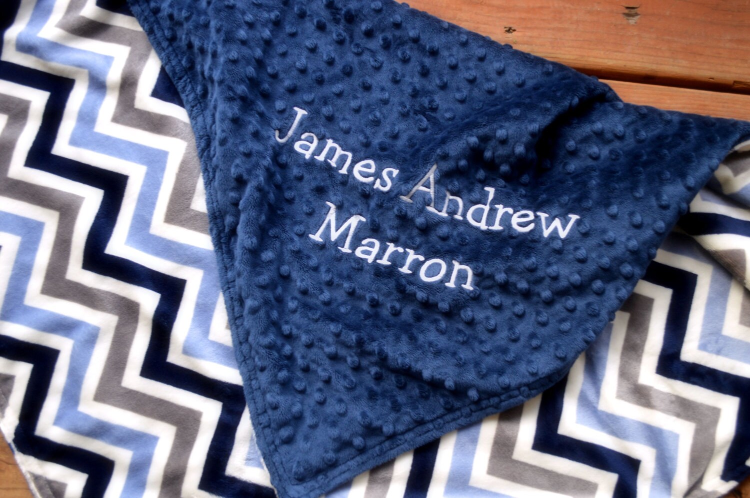 Personalized baby blanket navy blue and grey and blue chevron