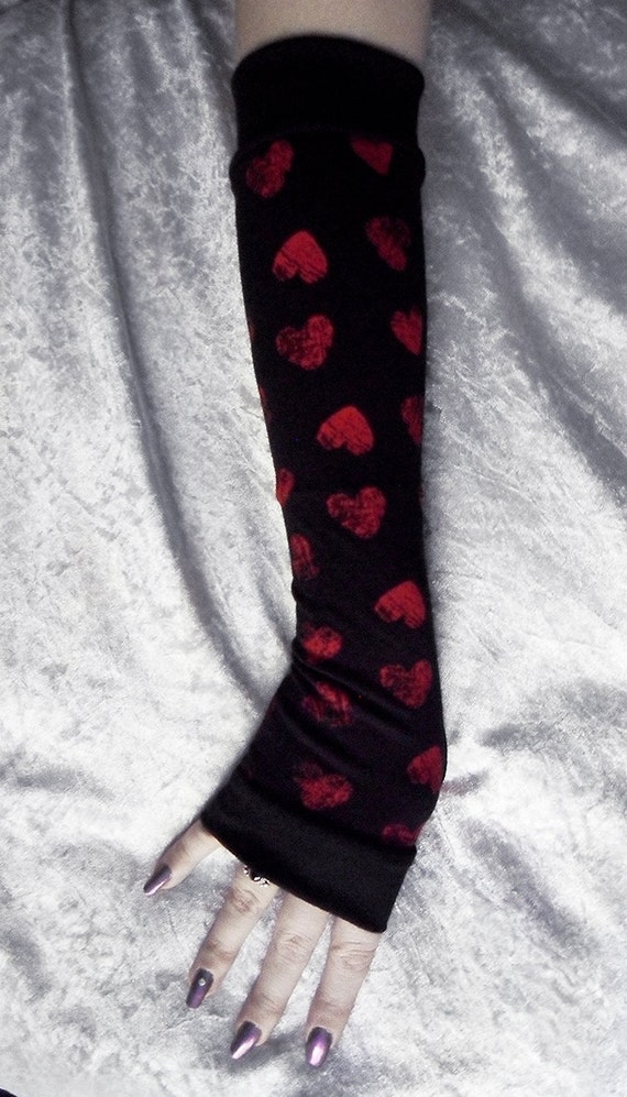 Heart Guides the Hand Arm Warmers Black w/ Red Grunge Hearts