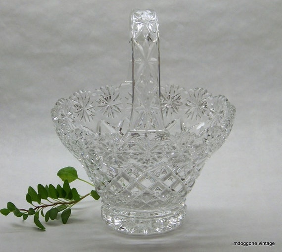 Vintage Crystal Basket with Handle Clear Glass Basket