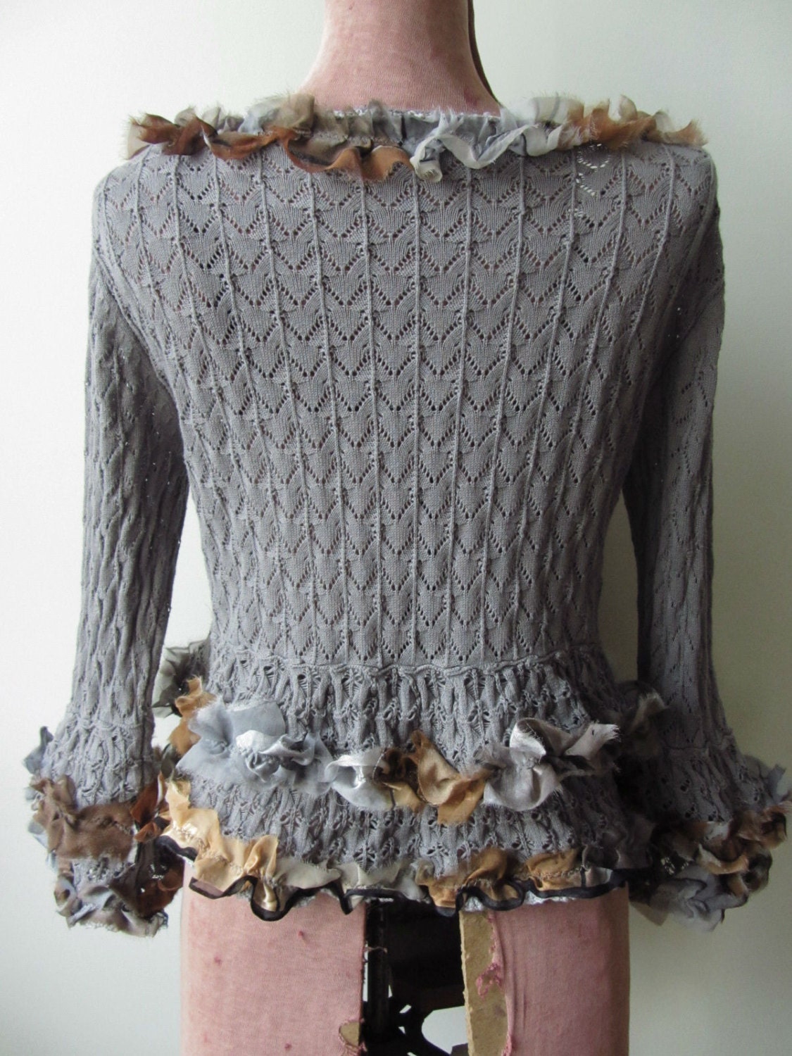 Upcycled Sweater / Gray Tattered Ruffle Cardigan Sweater