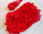 Red Lace Bloomer Set-Diaper Cover-Lace Ruffle with Matching Hair Bow with Pearl Accents Il_170x135