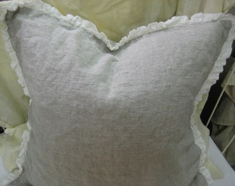 Pair of 26" Euro Shams in Washed Oatmeal Linen-1" Vintage White Ruffled Detail