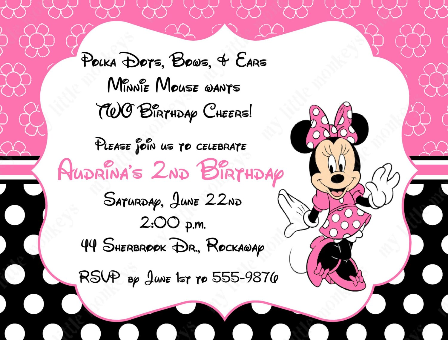 10 Pink & Black Minnie Mouse Invitations with Envelopes.