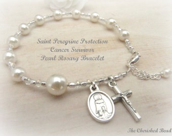 Saint Peregrine Pearl & Silver Heal Cancer Rosary Bracelet - Color of your choice