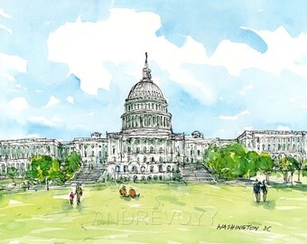 Capitol Washington DC art print from original watercolor painting