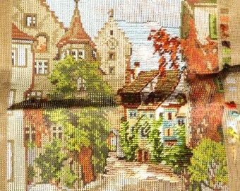 Gobelin Needlepoint Kit Meersburg Bodensee Lake Konstanz Germany Canvas Wool Yarn DIY Gold Rust Green Brown 12 x 16 inch Started