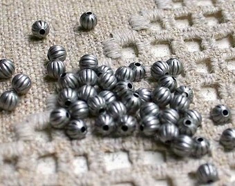 100pcs 4mm Metal Bead Antiqued Silver Plated Brass Corrugated Round