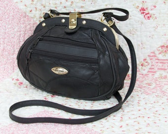 Jessica, French Vintage, 1970s Black Leather Satchel, Messenger, Crossbody, Handbag from Paris