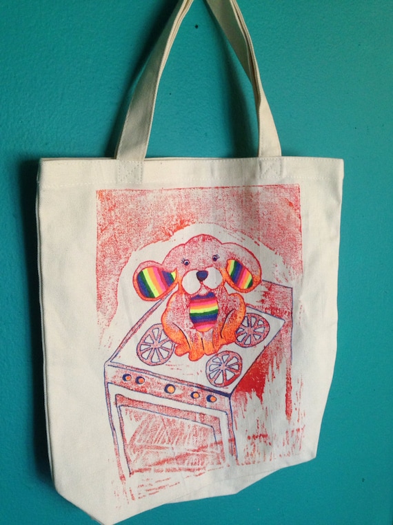 Rainbow GiGiBunni on the Stove Linoleum Block Print by GiGiBunni