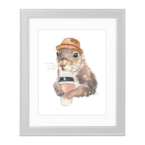 Original Squirrel Watercolor Painting Coffee Squirrel Pork