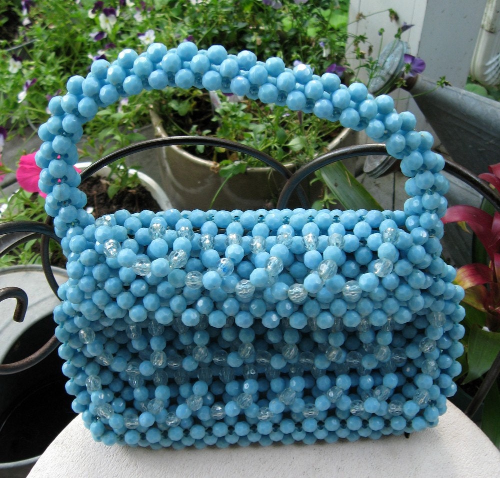 Beaded Purse / Hand Made In Hong Kong / Eggshell Blue Plastic