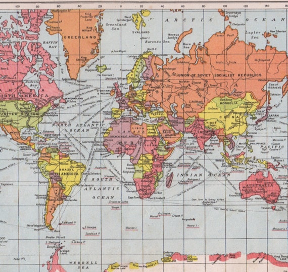 1950s vintage World map print bright colours political world