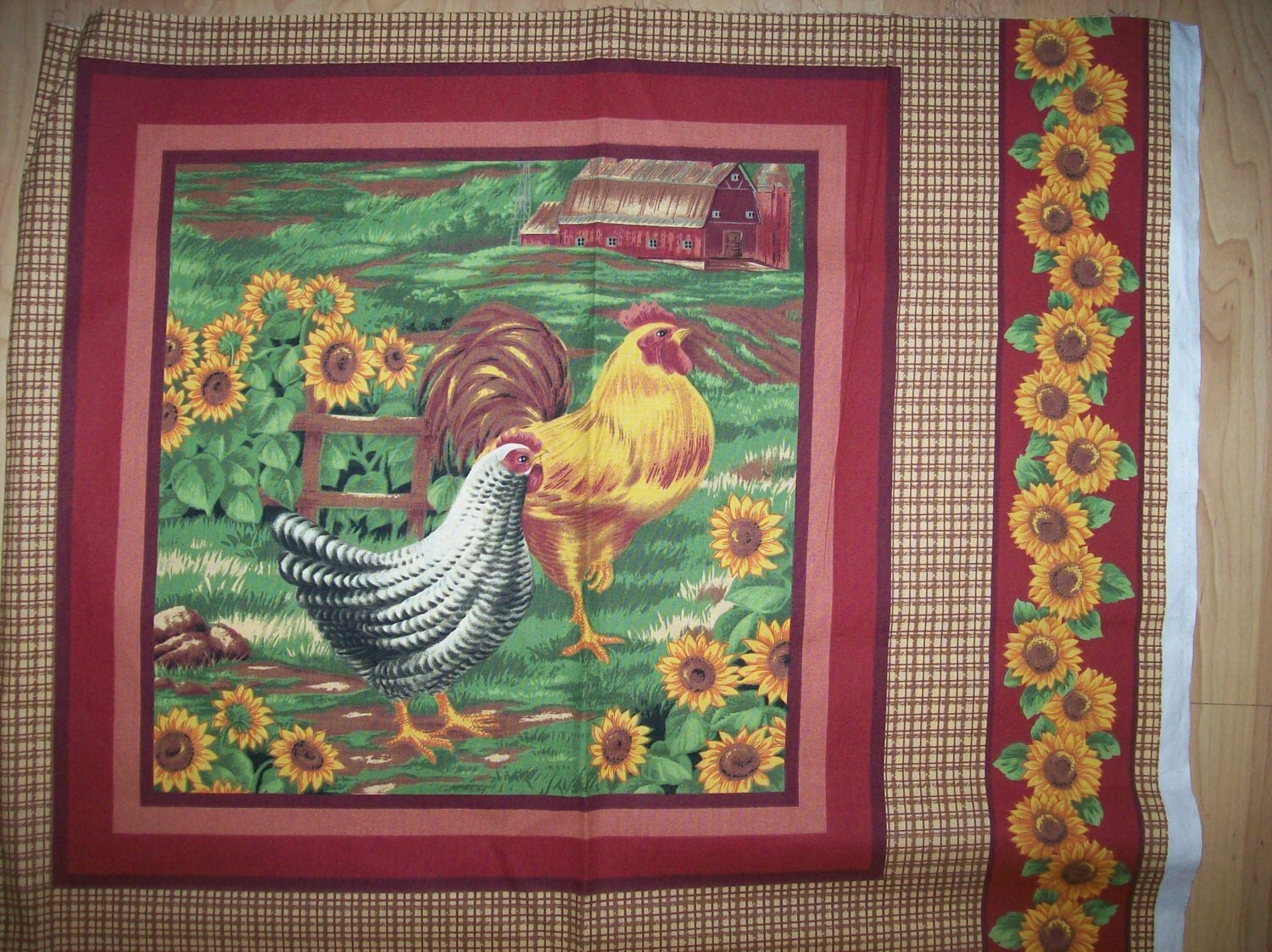 A Wonderful Rooster And Chicken In A Field Of Sunflowers Cotton Fabric