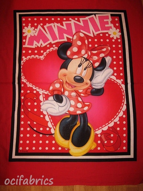 1 Yard MINNIE MOUSE Cotton Fabric Panel Red Hearts And Polka Dots BTY