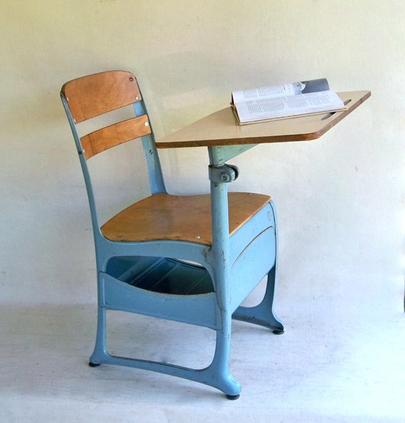 Blue MidCentury Elementary School Desk Steel & Wood