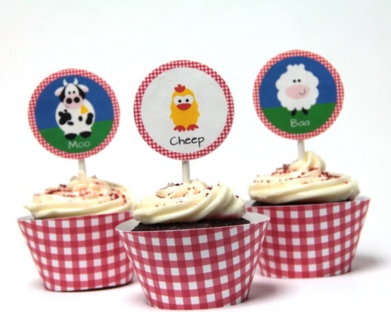 Farm Animal Cupcake Toppers & Gingham Cupcake Wraps, set of 12 - six styles Il_570xn