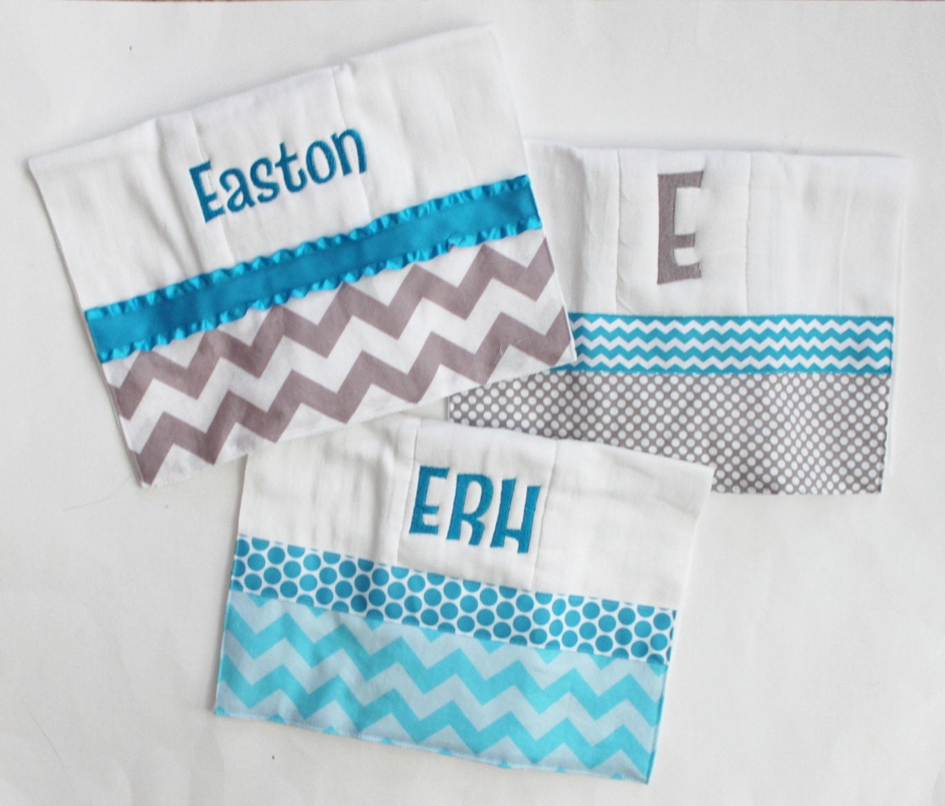 3 Personalized Burp Cloth Set in Turquoise and Gray Polka