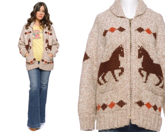 Cowichan Cardigan Horses Sweater 70s Boho Fair Isle Brown