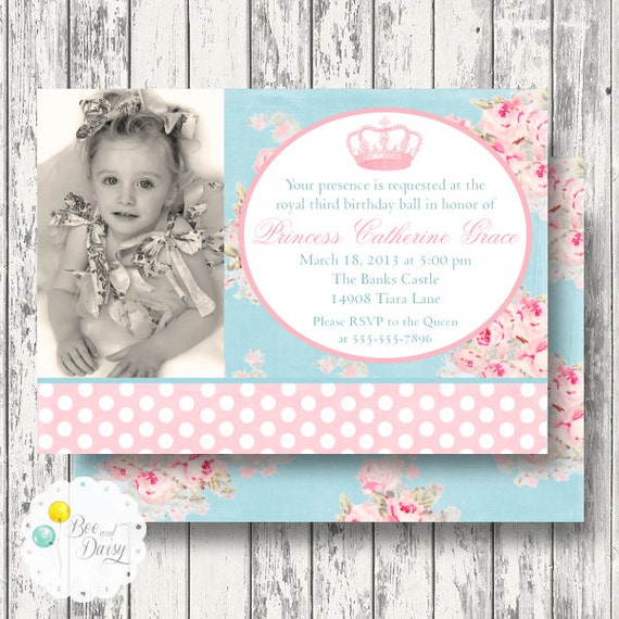 Princess Invitation for Birthday Party or Baby Shower - Girls Rose Shabby Chic DIY Vintage Tiara Printable Invite by BeeAndDaisy Il_570xn
