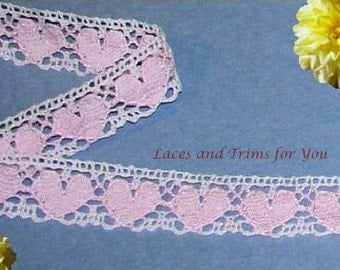 Pink Lace Trim Hearts 3/6 Yards Cotton Cluny Crocheted 7/8 inch wide Lot O74 Added Items Ship No Charge