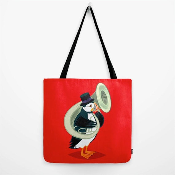 Puffin On A Tuba - Tote Bag / Book Bag / Record Bag ( 18" x 18") by Oliver Lake - iOTA iLLUSTRATiON