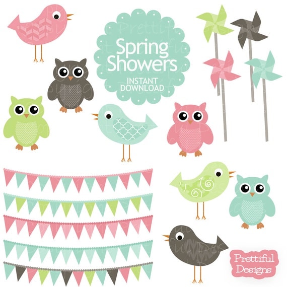 Owl Clip Art Bird Pinwheel Bunting Digital Art in Pinks Aqua Digital Scrapbooking Commercial Use - Spring Showers (695)