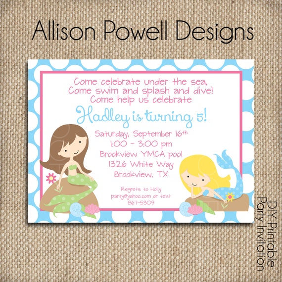 Mermaid Birthday Party Pool Party Custom Digital Invitation