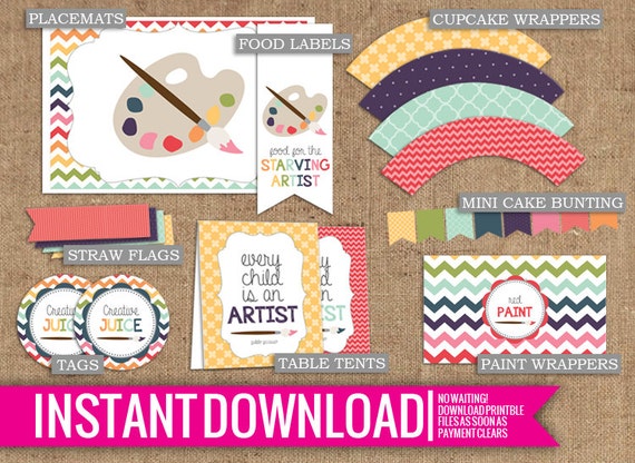 Rainbow Art Paint Party Collection - Instant Download - DIY Printable - Tags, Cupcake Wrappers, Straw Flags, Table Tents