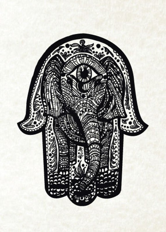 Elephant Hamsa Lotus Print from Original Pen by TheContraryCaptain