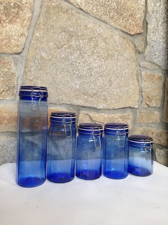 Vintage Cobalt Blue Glass Canisters 5 Piece Set Kitchen