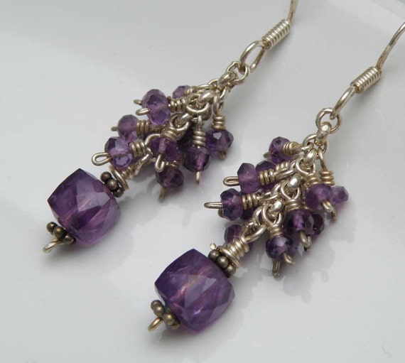 Items similar to Purple Amethyst gemstone earrings Sterling silver Wire ...