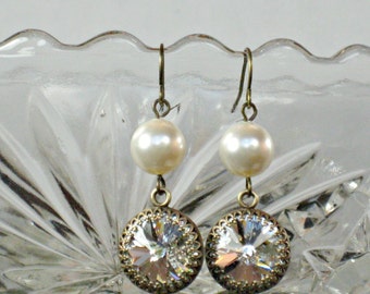 BRIDESMAID EARRINGS Antique Brass with Clear Swarovski Crystals and White or Ivory Pearls, Bridesmaid Gift