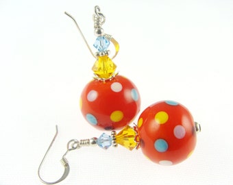 Polka Dot Lampwork Earrings, Summer Fun Glass Bead Earring, Red Dangle Earrings, Lampwork Jewelry, Beadwork Earrings, Glass Bead Jewelry