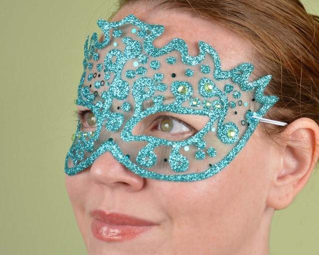 SHEER MASK Aqua Sequin and Green Gem masquerade mask Mardi
