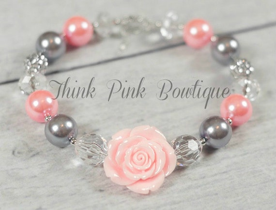 Girls Chunky Necklace, Girls Bubblegum Chunky Necklace, Girls Chunky Bubble Gum Necklace, Pink and Gray Chunky Necklace, toddler necklace. by ThinkPinkBows