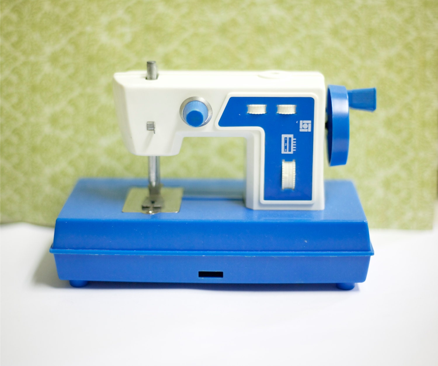 Vintage Toy Sewing Machine for Display Blue White Plastic