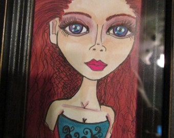 ACEO art with frame, Red, Original Watercolor Illustration by Jennifer Stedman, not a print, pretty girl - il_340x270.483101719_fnz3