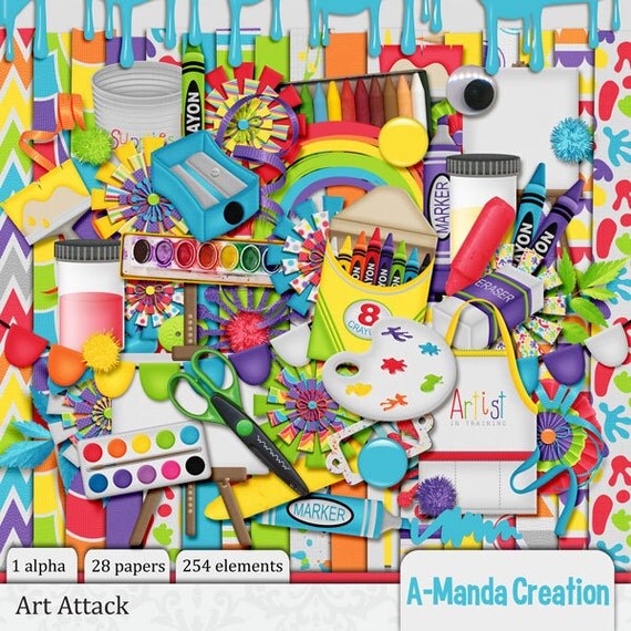Art Attack Digital Scrapbooking Kit. comes with 1 alpha, 28 papers and 254 elements Il_570xn