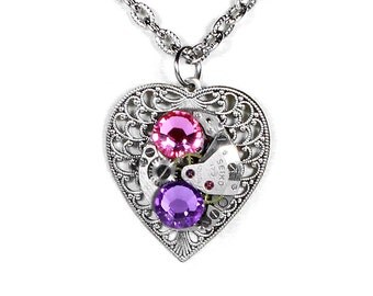 Steampunk Jewelry Necklace Vintage SEIKO Watch Silver Filigree HEART Pink Lilac Crystal Wedding Anniversary - Jewelry by Steampunk Boutique