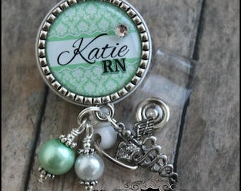 mint green damask...Personalized badge reel with antique silver bezel...pinch clip...nurse,.teacher..id holder.educational staff