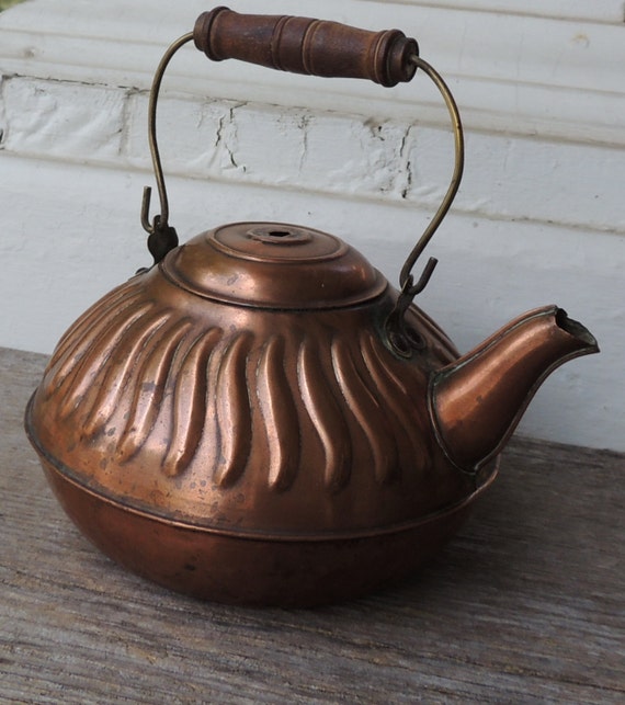 SALE Copper Teapot Wooden Brass Handle Vintage Housewares
