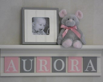 Baby Name Sign | Baby Nursery Shelf | Light Pink and Gray | Personalize Letter Blocks | Nursery Painted Shelf White