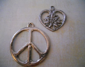 Peace Sign and Heart and Flower Pendants - Set of 2 Groovy Cool Pewter Pendants - Free Shipping with Another Item