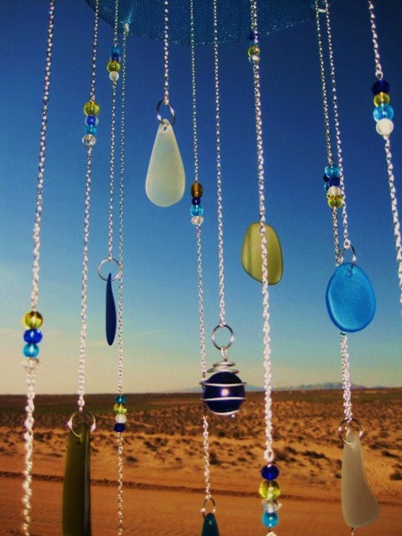 Beach Glass Wind chime /Mobile with Wire Wrapped Glass Marble